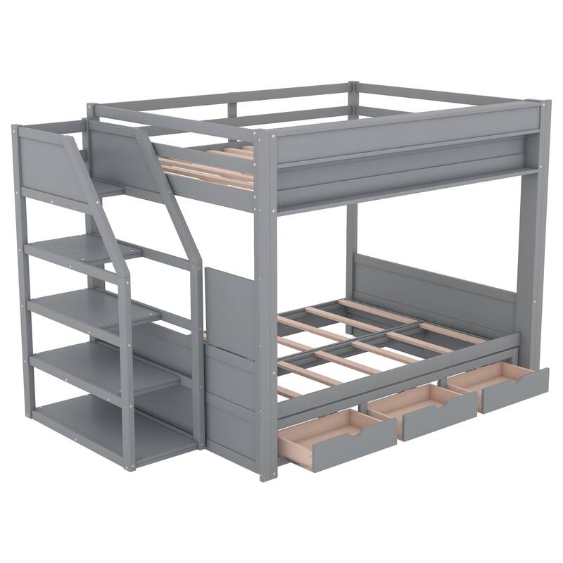 Full Size Solid Wood Convertible Bunk Bed with Storage Staircase, Bedside Table, and 3 Drawers