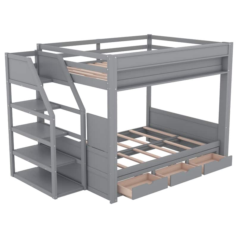 Gray Full Size Solid Wood Convertible Bunk Bed with Storage Staircase and Drawers