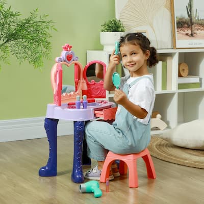 Kids Dressing Table Set with Light and Sound Mirror Stool 20 Accessories for Girls Ages 3-6 Multicolor Polypropylene ABS Acrylic