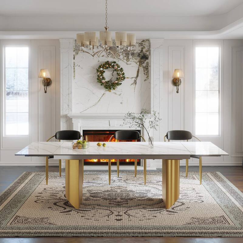 94.48" Extendable Rectangular Sintered Stone Dining Table For 6-10 Person - Platinum White&Gold leg