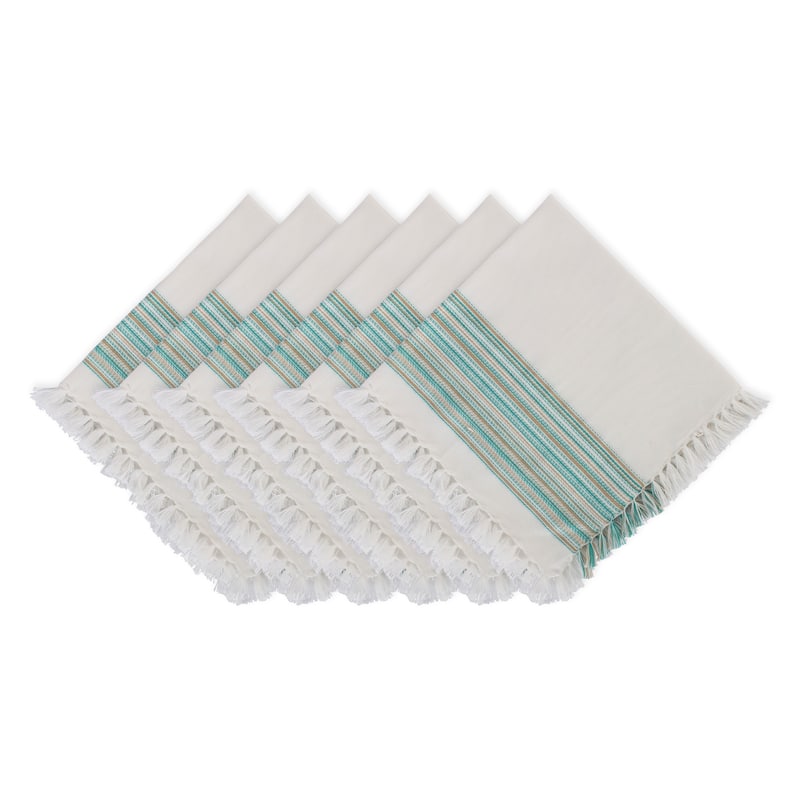 Set of 6 White and Teal Blue Fringed Striped Napkin, 20"