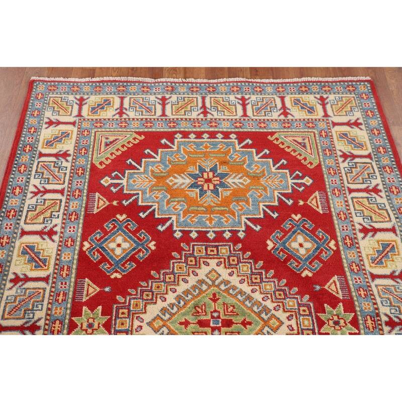 Red Geometric Kazak Oriental Rug Hand-Knotted Traditional Wool Carpet - 4'1" x 5'10"