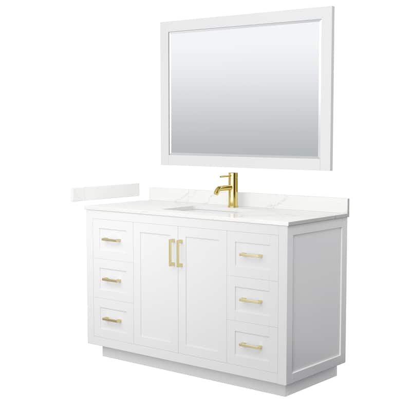 Miranda 54-inch Single Vanity, Quartz Top, 46-inch Mirror - White, Gold Trim, Giotto Quartz Top