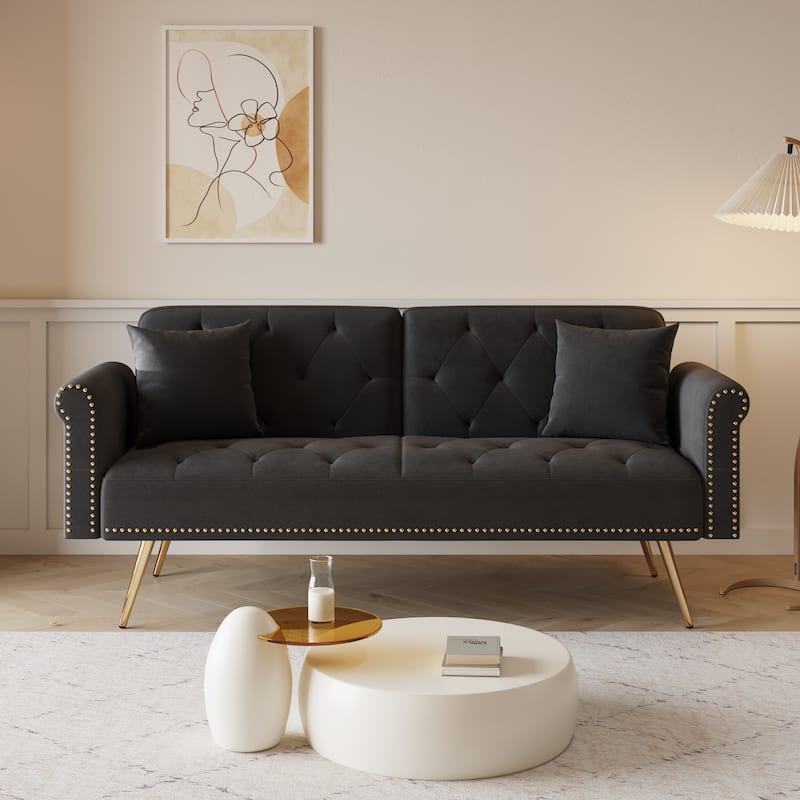 Folding Velvet Loveseat Couch Convertible into Sleeper Sofa Bed with Button Tufted, Nailheads Trim, Pillows and Metal Legs - Black