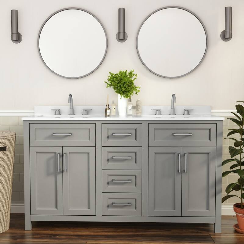 Bathroom Vanity with 2 Sinks, 2 Storage Cabinets, and 6 Drawers - 18.5"D x 60"W x 37.5"H - Gray