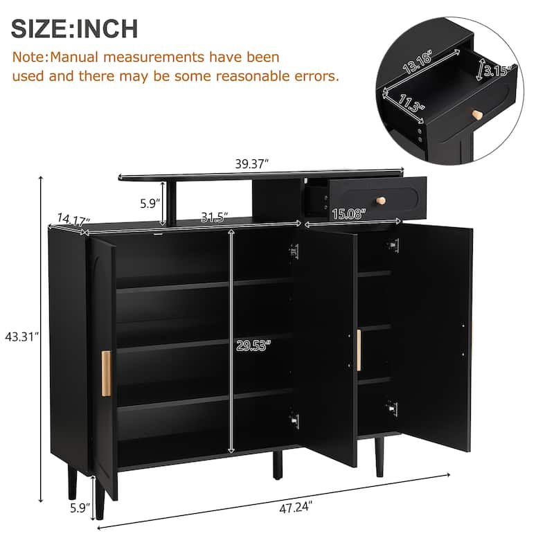 Elegant Entryway Shoe Storage Cabinet with Arched Doors & Drawer, Adjustable Shelves, Solid Wood Legs