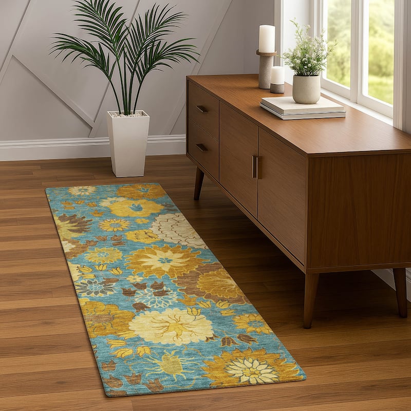 Machine Washable Indoor/ Outdoor Modern Floral Chantille Rug