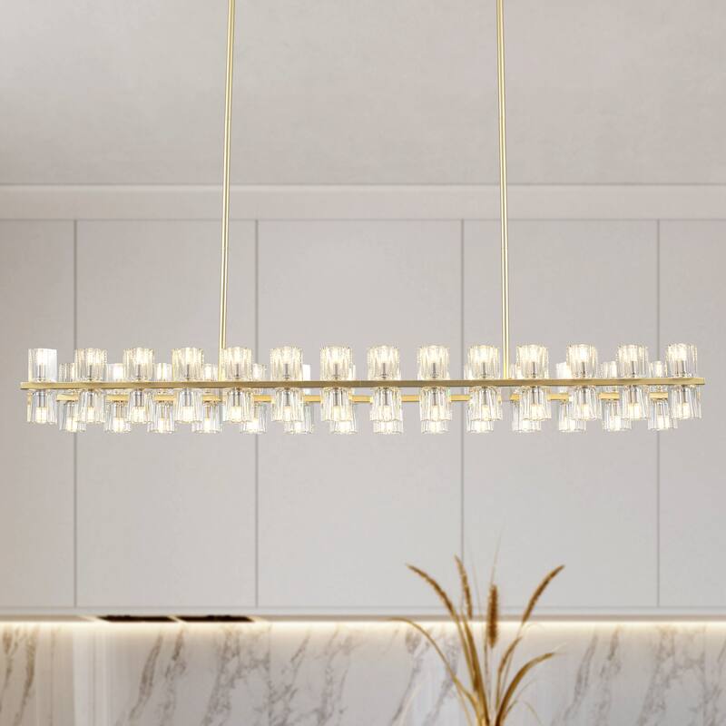57.09-inch 56-light modern and stylish linear metal chandelier with crystal lampshades - Gold