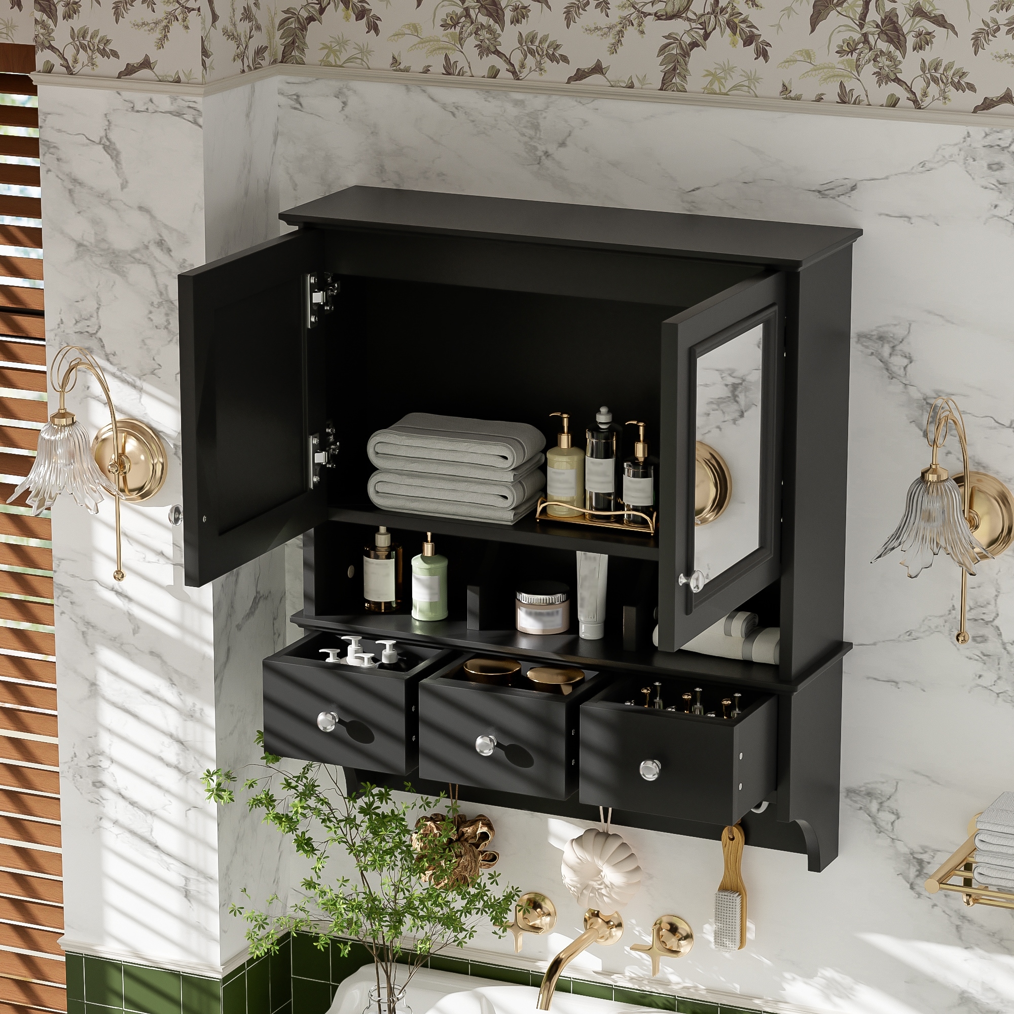 24" Wall Mounted 4-in-1 Bathroom Mirror Cabinet with Drawers & Hooks, High-Definition Medicine Cabinet with Storage for Vanity