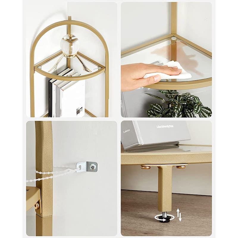 Golden 5-Tier Glass Corner Storage Shelf with Steel Frame Living room Bedroom or Entryway - 11"D x 11"W x 37.4"H