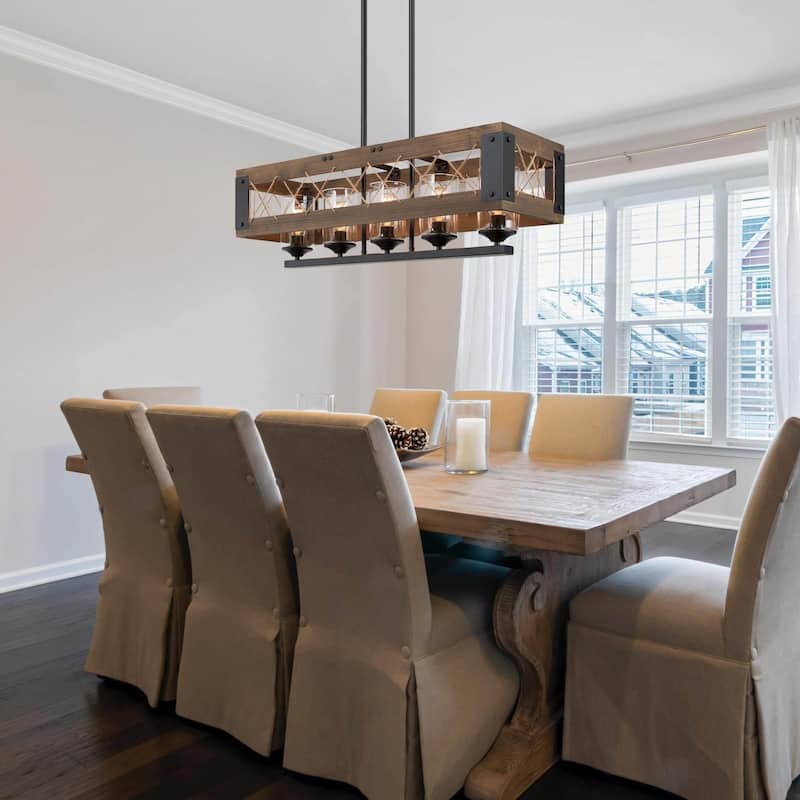 Modern Farmhouse Wood Island Chandelier Linear Glass Shade Hanging Rods Ceiling Lighting Fixture - W 31.9" * E 10.6" * H 10.2"