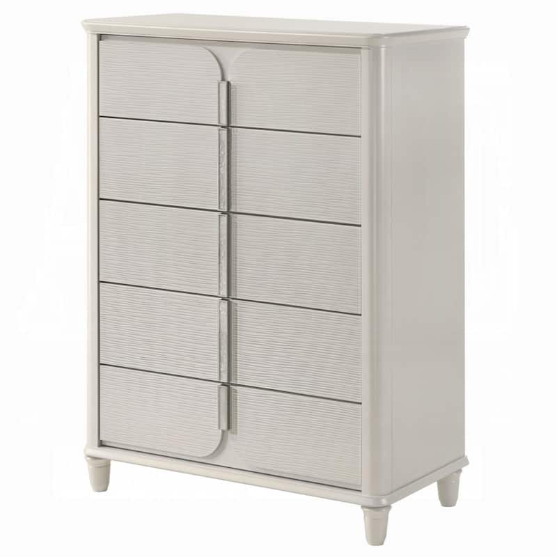 Veda Tall Dresser Chest, Elegant Pearl White Wood, 5 Modern Drawers