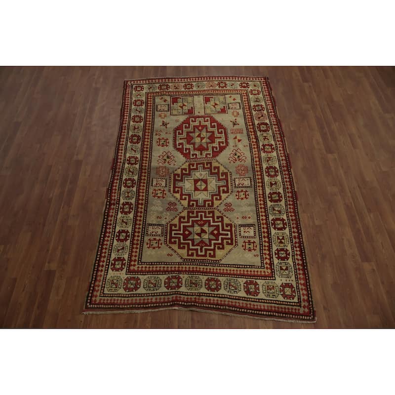 Hand Knotted Oriental 100% Wool Carpet Traditional Tribal Beige & Ivories Kazak Area Rug - 7' 11'' X 4' 11''
