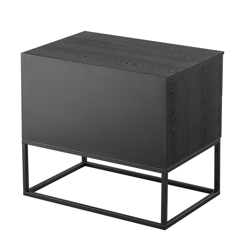 COZAYH Contemporary Black Wood Nightstand with Geometric Carved Front, 2-Drawer Bedside Table with Metal Frame