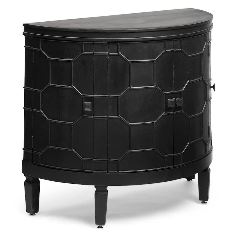 HomeRoots 39" Black Wood Demilune Carved Geometric Accent Cabinet With Four Doors