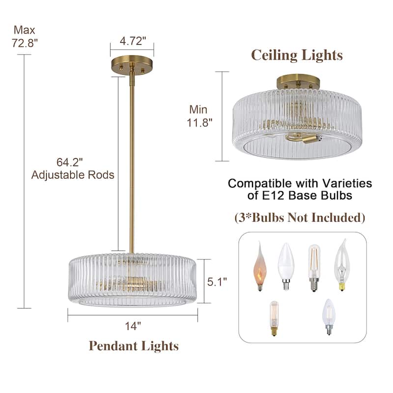 Modern Industrial 3-Light Clear Ribbed Glass Drum Pendant Light for Dining and Living Room