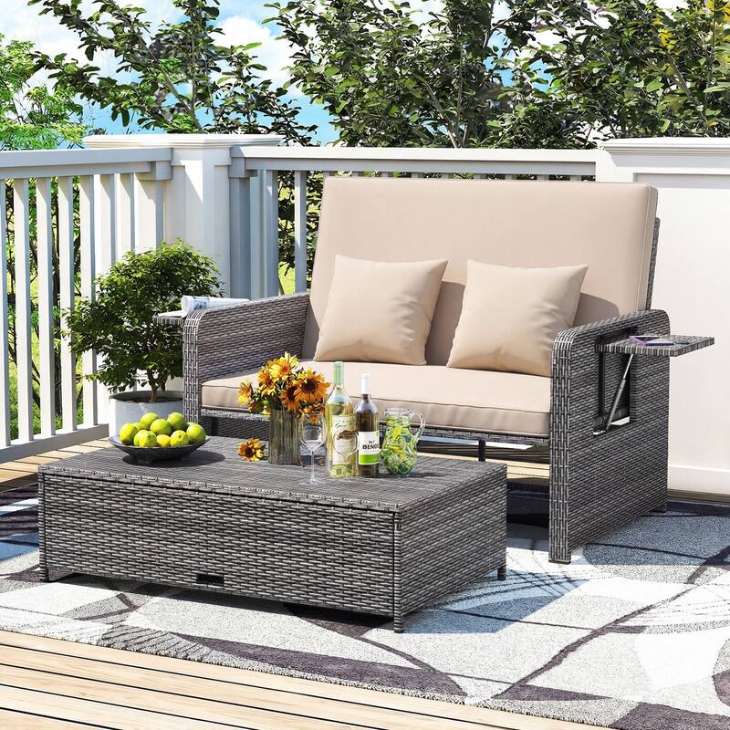 Gymax Rattan Daybed Wicker Loveseat Sofa Set w/ Ottoman & Retractable