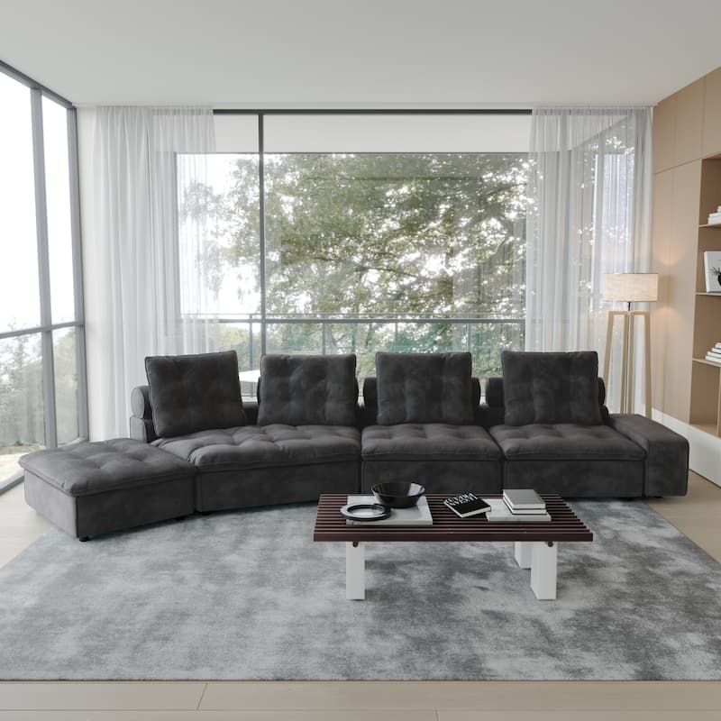 Down Filled Curved Sectional Sofa Oversized 4 Seater Cloud Modular Sectional Couches for Living Room Set - Chocolate