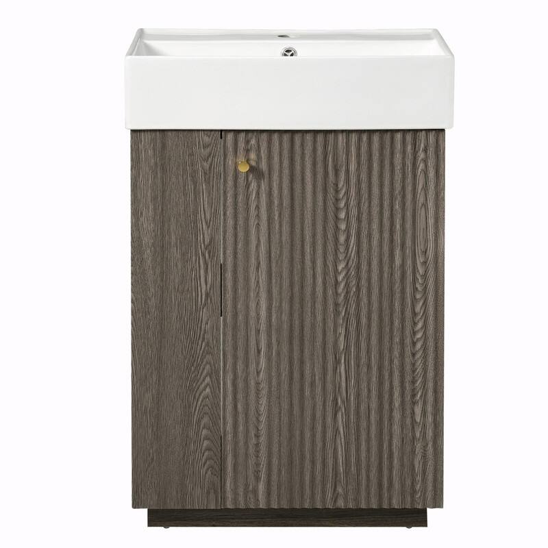 21.6" Bathroom Vanity with Ceramic Sink, Freestanding Modern Wood Grain Cabinet with Open & Closed Storage