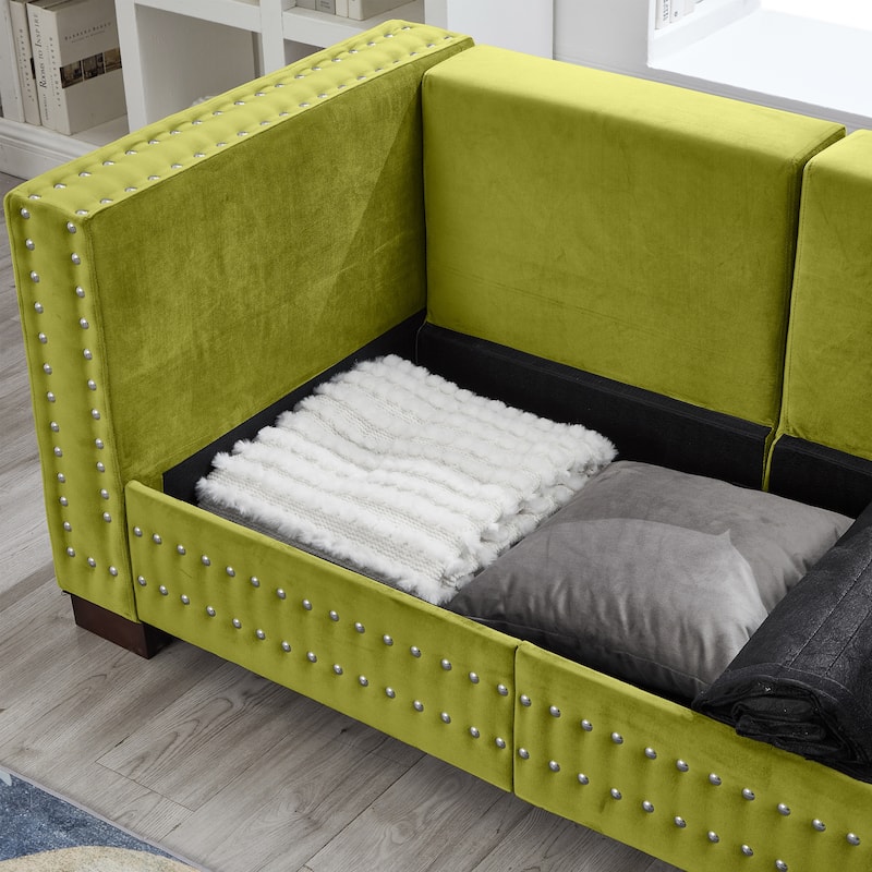 84.5" Velvet 3-Seater Sofa,Modern Square Arm Design with Silver Nailhead Trim and Under-Seat Storage