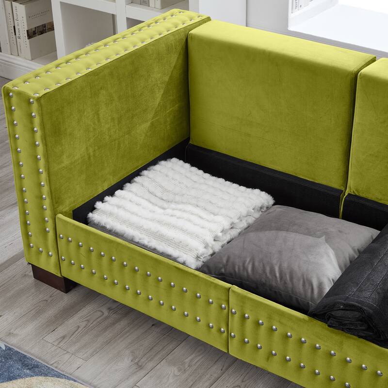 Modern Living Room Sofa with Square Armrest & Silver Nails Decoration