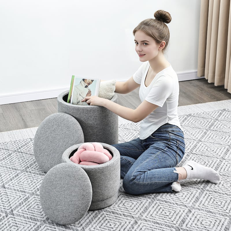 Adeco 2-Piece Round Fabric Storage Ottoman Set with Removable Lids