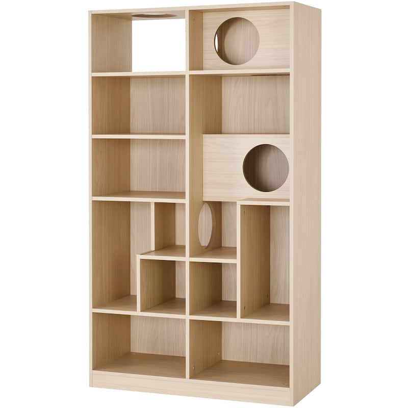 Modern 2-in-1 Wooden Bookshelf & Cat House: Display Case with Storage, Litter Box Enclosure & Climbing Shelf‌