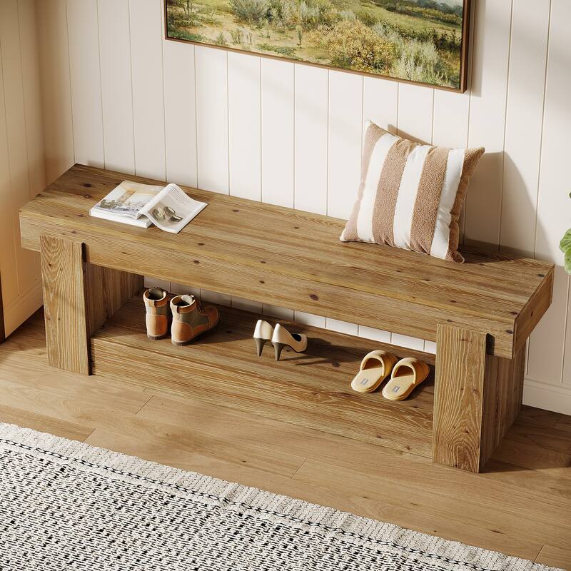 63 Inch Solid Wood Entryway Bench with Storage Shelves, 2-Tier Shoe Rack Bench, Farmhouse Storage Bench For Bedroom End of Bed