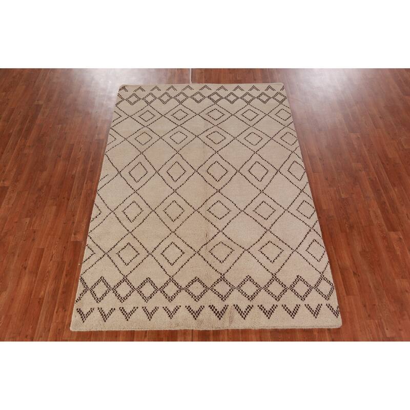 Hand Knotted Oriental 100% Wool Carpet Modern Geometric Beige & Ivories Moroccan Area Rug - 8' 0'' X 5' 0''