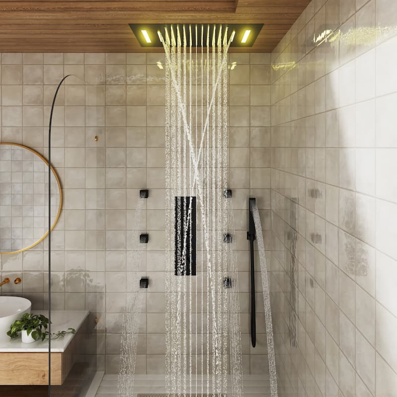 Luxury 4-Spray Patterns 23 in. Ceiling Mount Shower System with Handheld Shower Head, 6 Body Jets, LED, and Music - 15" x 23"