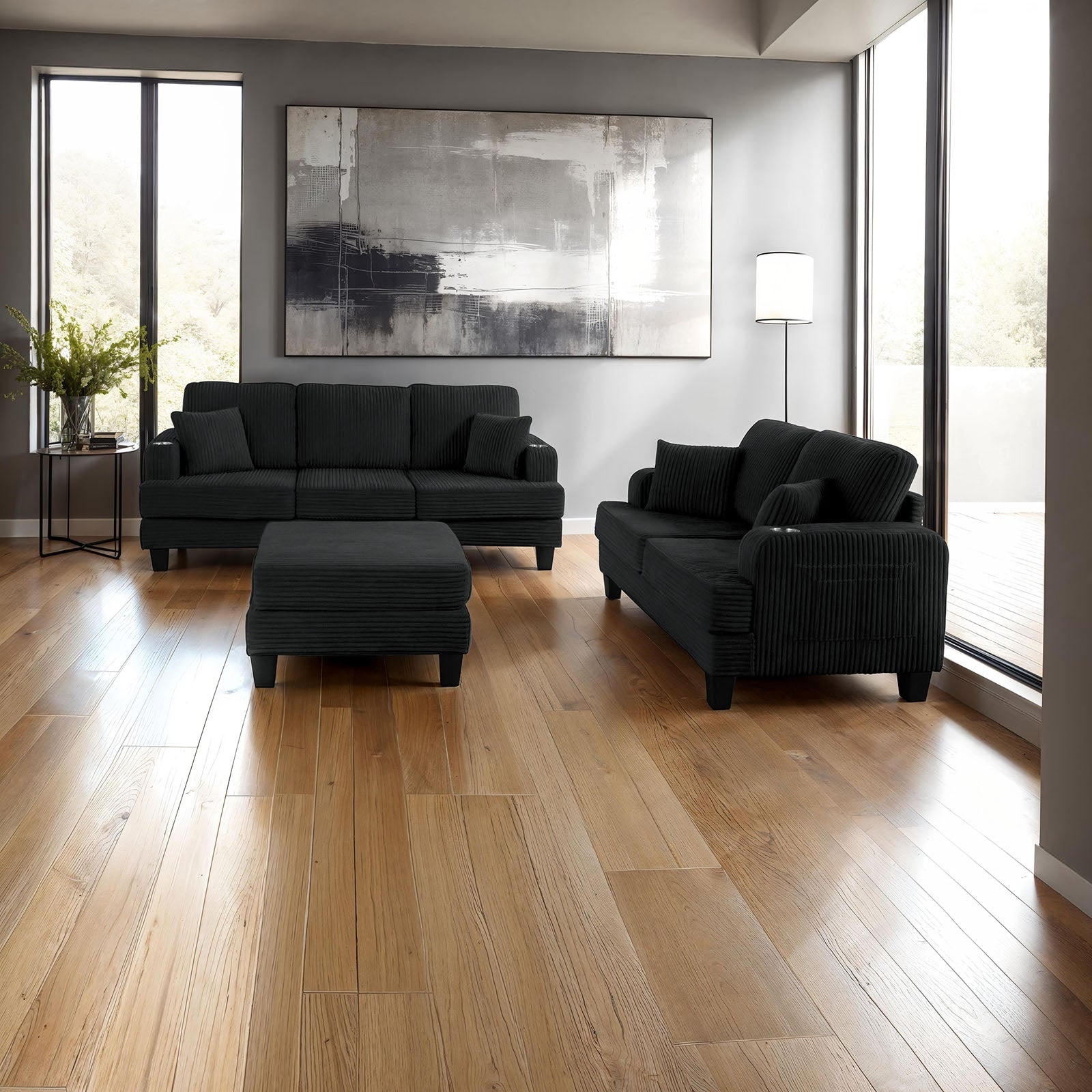Black Finish Modern Charging Port Sofa Loveseat Ottomen Living Room Set