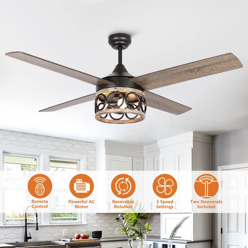 52-inch Industrial 3-Light Matte Black LED Ceiling Fan with Remote