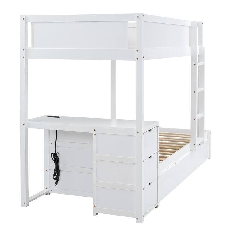 Twin-Over-Twin Bunk Bed with Trundle, Storage, Desk, USB Ports, White
