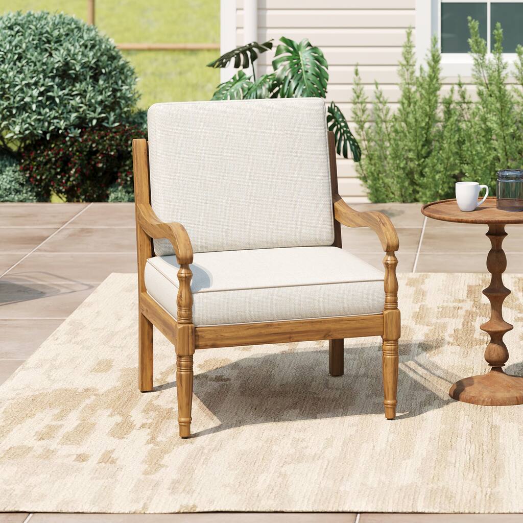 Roomfitters Outdoor Acacia Wood Club Chair with Waterproof Cushions, Lattice Back Patio Seating, Natural and Beige