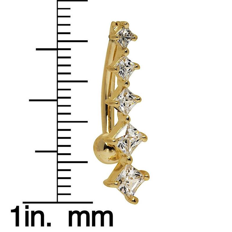 Curata Solid 14k Yellow or White Gold Princess Square Cubic Zirconia Bar Top Mount Belly Button Ring Dangle (4mm x 20mm)