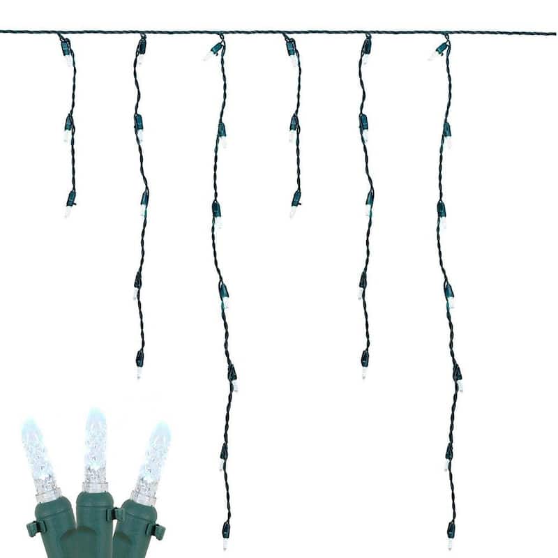 M5 Christmas LED Icicle Light Set, Green Wire, 15' Long, 150 Light - White