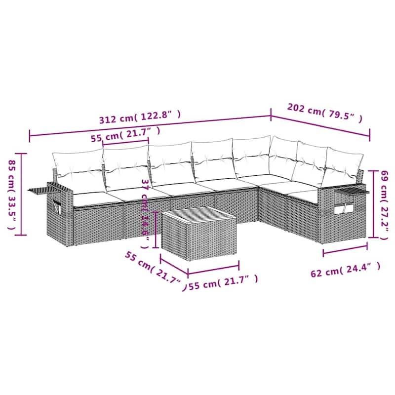 vidaXL Garden Sofa Set 8 Piece with Cushions Outdoor Sofa Set Poly Rattan - 21.7 x 21.7 x 14.6 in (W x L x H)