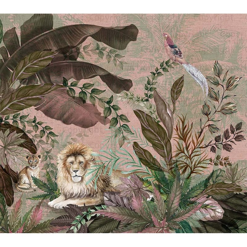 Luxurious Jungle Safari Wallpaper Mural Lions and Tropical Foliage - Pink - W:122" x H:110"