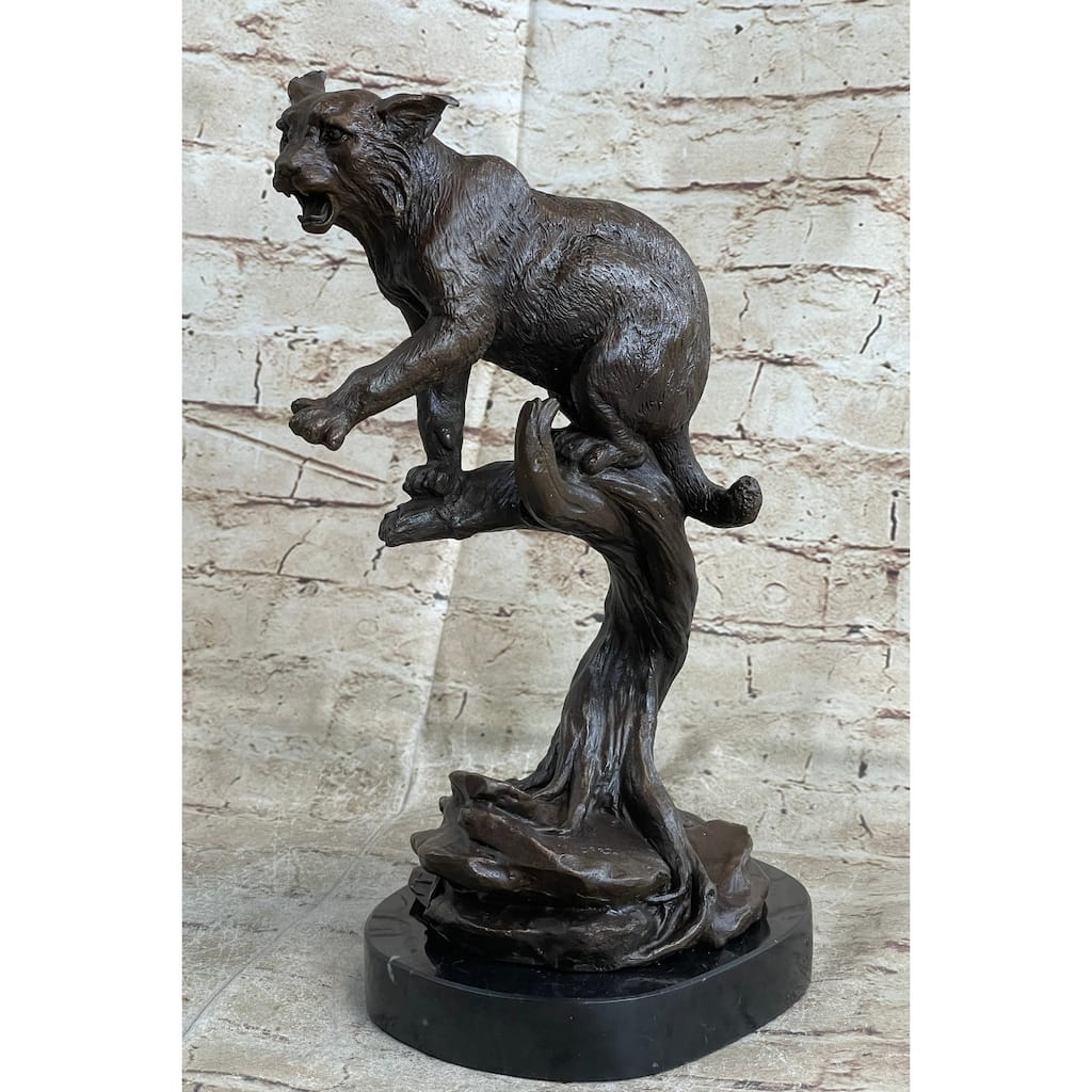 Cougar Panther Jaguar Imitative Cat Collector Bronze Marble Base Bookend Statue Art Decor