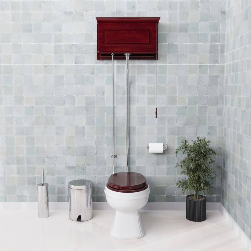 Dark Oak Wooden High Tank Toilet Raised Tank, Elongated White Bowl and Satin L Pipes