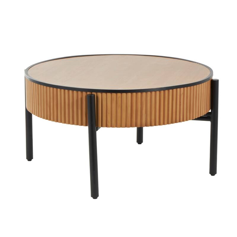 Brown Wood Handmade Slatted Drum Side End Accent Table with Black Metal Legs