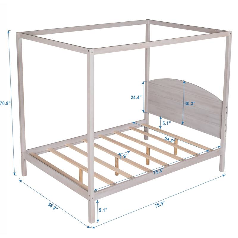 Pine Wood Canopy Platform Bed: Headboard, Sturdy Frame