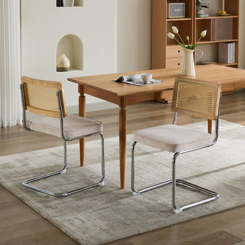 Roomfitters Mid-Century Modern Dining Chairs Set of 2, Velvet Upholstered Rattan Back Cantilever Chairs with Chrome Base - Beige