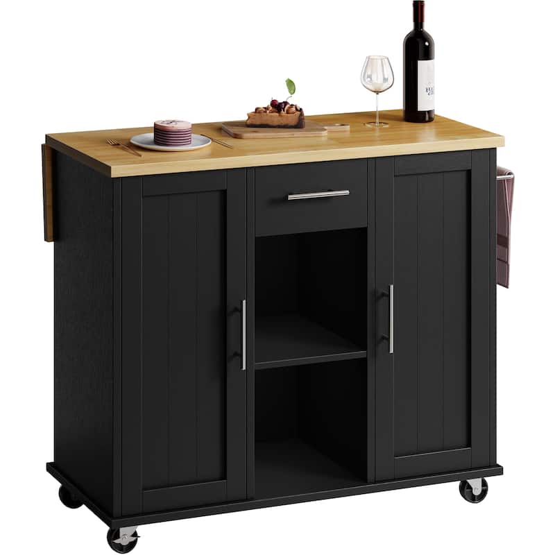 2-Door Kitchen Island with Drawer & Drop Leaf - Mobile Storage Cart on Lockable Wheels for Kitchen, Dining Room, Bar