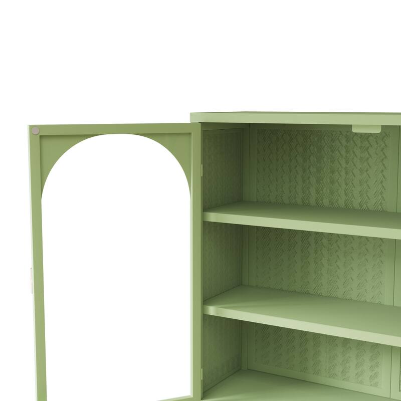 Green Wall Cabinet Buffet Sideboard with 3-tier Storage & Glass Door, Wall Storage Cabinet with Characteristic Woven Pattern