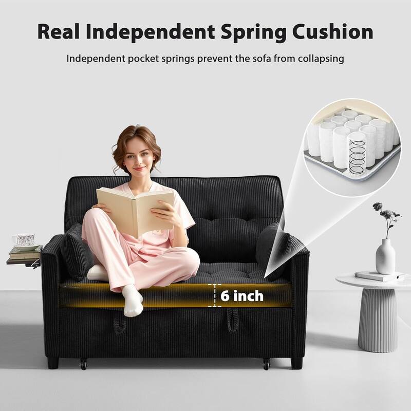 Sleeper Sofa Bed, 52" Convertible Pull Out Couch with Small Table,USB Port,Side Pockets,Corduroy Fabric,Adjustable Backrest