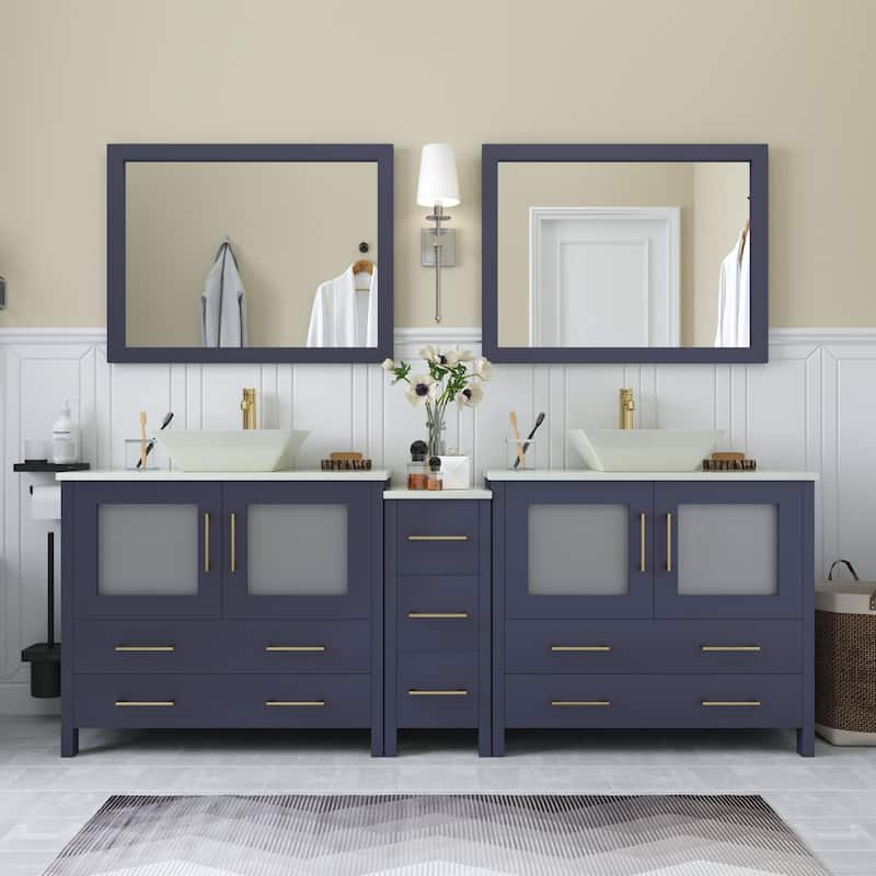 Vanity Art 84" Double Sink Bathroom Vanity Set with Engineered Marble Top and Free Mirrors