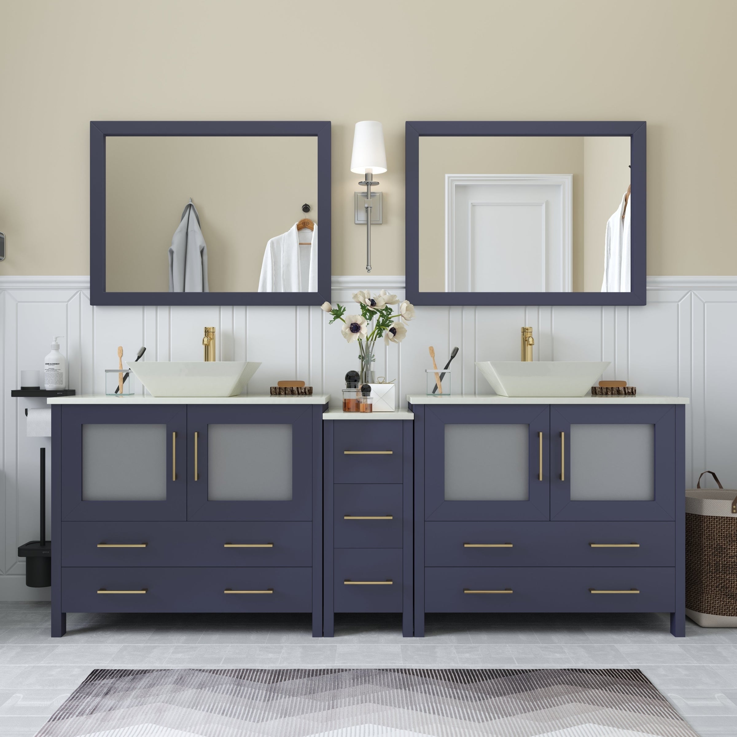 Vanity Art 84" Double Sink Bathroom Vanity Set with Engineered Marble Top and Free Mirrors
