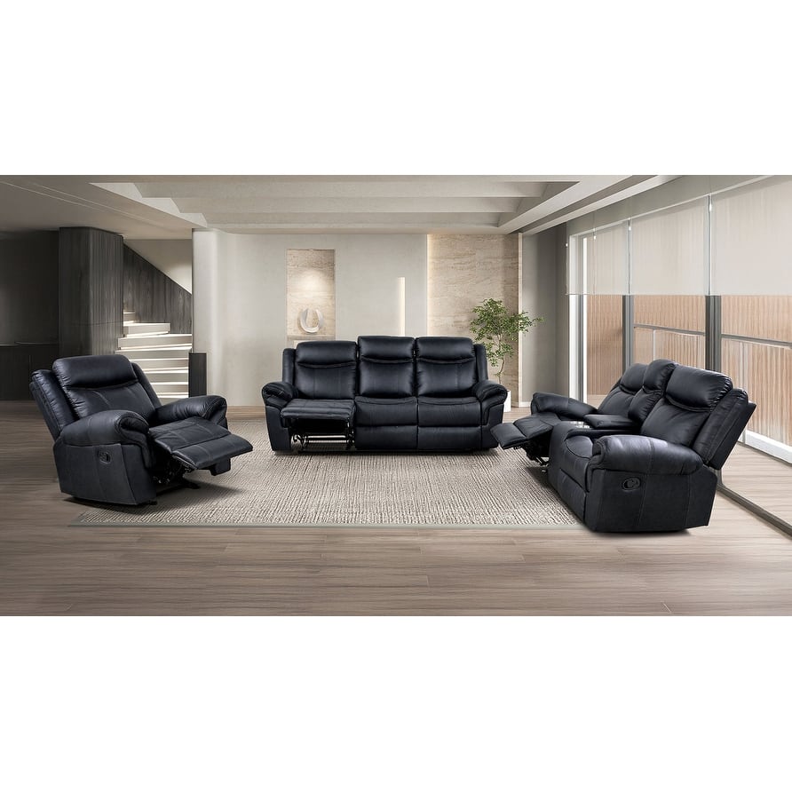 Black Glider Recliner Sofa Set Storage Center Console Cupholders