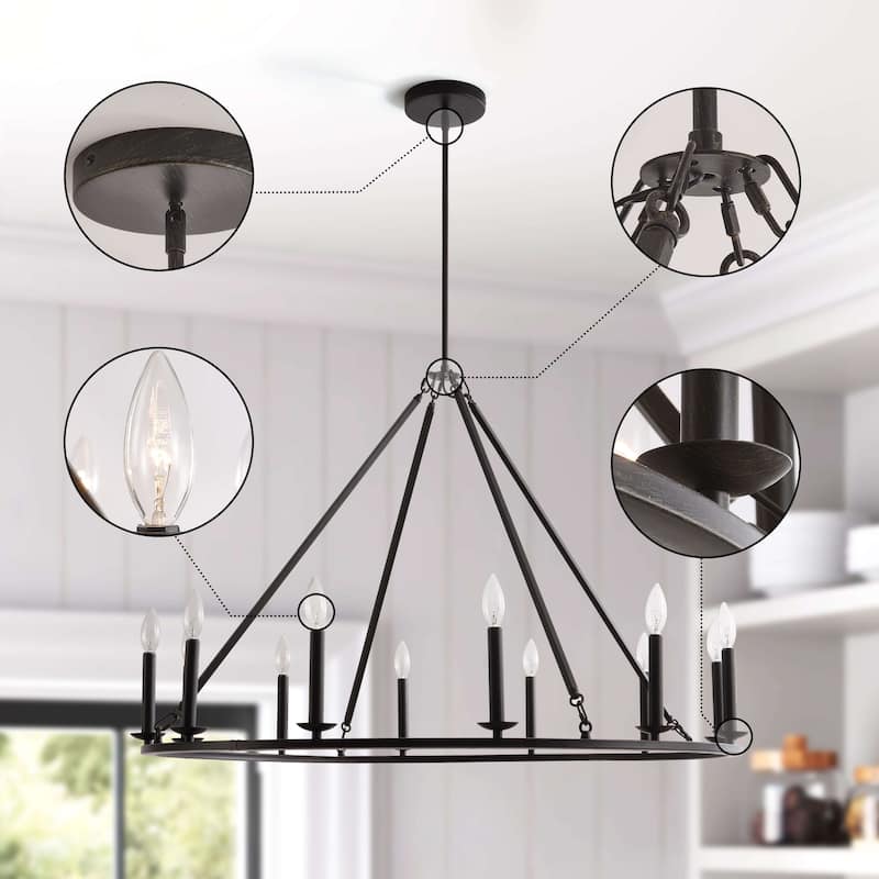 Eva 12-Light Antique Black Finish Metal Wagon Wheel Round Chandelier - Antique Black - 41.5 inches in diameter x 29 inches H